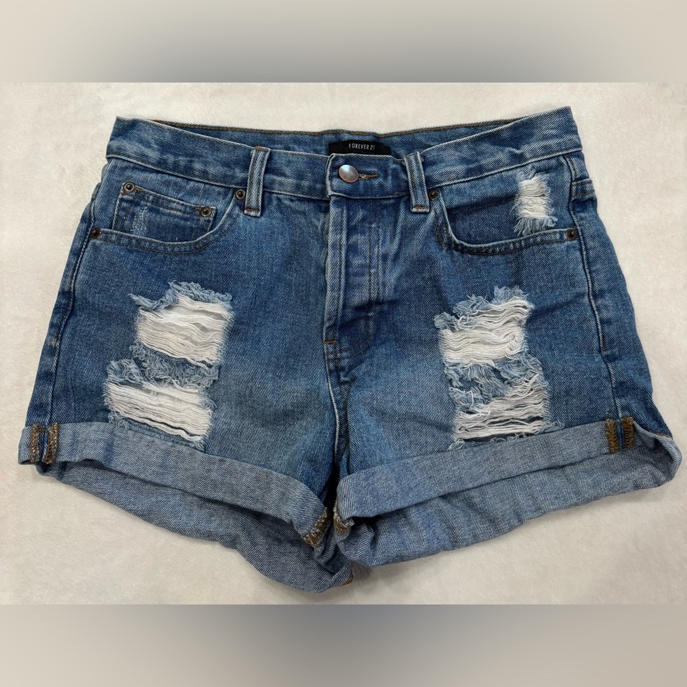 Forever 21 Blue Distressed Jean Shorts with Cuffed Hem